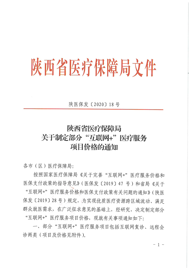 陕医保发〔2020〕18号《陕西省医疗保障局关于制定部分“互联网+”医疗服务项目价格的通知》