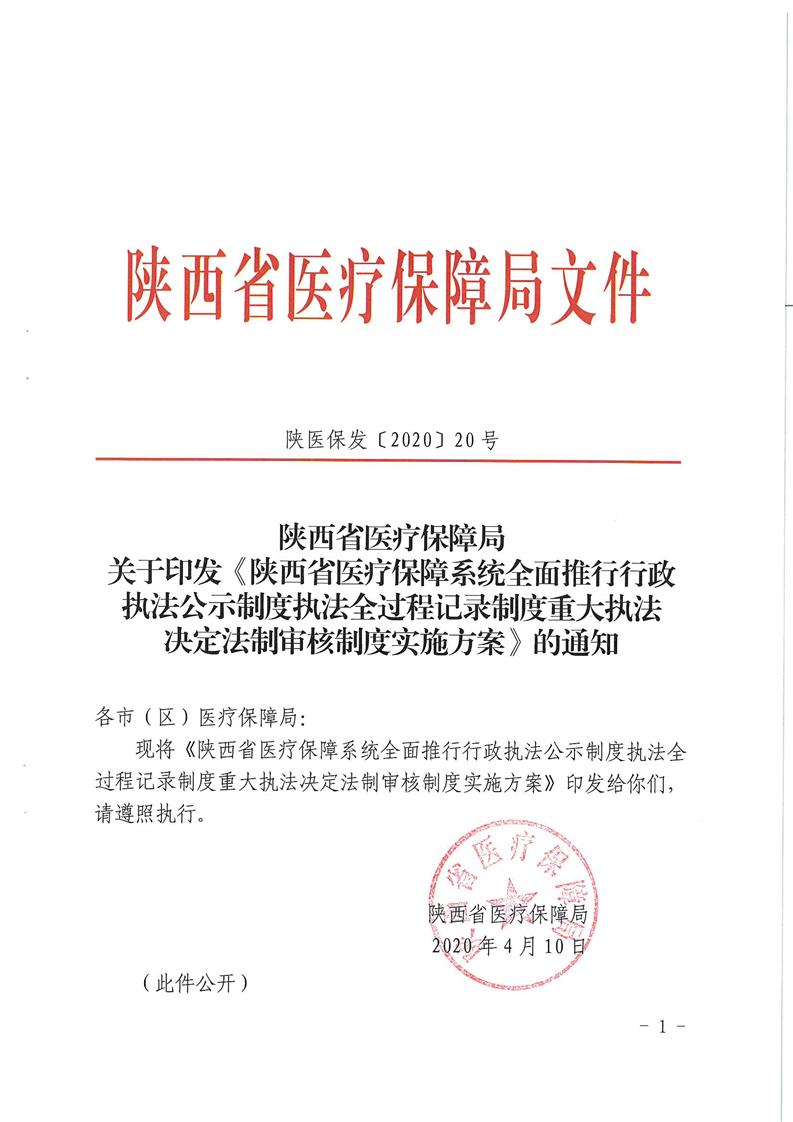 陕医保发〔2020〕20号《陕西省医疗保障局关于印发〈陕西省医疗保障系统全面推行行政执法公示制度执法全过程记录制度大执法决定法制审核制度实施方案〉的通知》